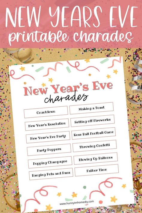 Printable New Years Eve Charades for Your Party Cute Prompts, New Years Eve Charades Free Printable, New Years Eve Party Games For Adults Free Printables, Free Printable New Years Eve Games, Free Printable New Years Eve Reflection Questions, New Year’s Eve Bingo For Kids, Charades For Kids, Nye Party, For Your Party