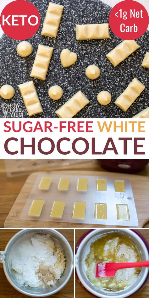 It's so easy to make your own sugar free white chocolate! This keto version has less than 1g net carb per serving for a sweet low-carb treat. Chicken Recipes No Dairy, Healthy White Chocolate, Primal Desserts, Keto White Chocolate, White Chocolate Bars, Paleo Candy, Keto Pizza Crust, Galletas Keto, Sugar Free White Chocolate