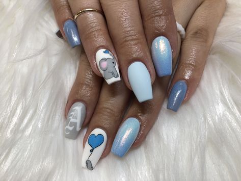 Love My Baby Shower Nails!!! It’s a Boy! Elephant Nails Acrylic, Baby Shower Nails For Boys, Boy Baby Shower Nails Designs, Birthing Nails, Baby Boy Nails Designs Blue, Elephant Nail Designs, Nails For Baby Shower Boy, Boy Baby Shower Nail Ideas, Baby Boy Shower Nails