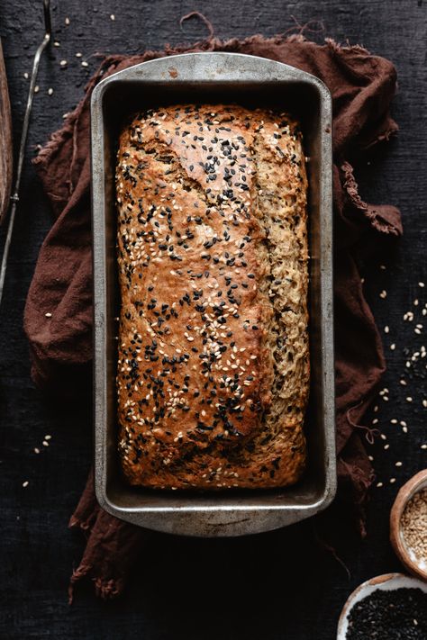 SESAME TAHINI BANANA BREAD — Nicole Modic Tahini Banana Bread, Sesame Tahini, Vegan Bread Recipes, Vegan Bread Recipe, Banana Bread Ingredients, Quick Easy Vegan, Flax Seed Recipes, Overripe Bananas, Vegan Inspiration