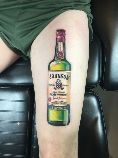 Realistic Jameson liquor bottle tattoo by Monte Livingston with Living Art Gallery Tattoo Lounge in San Clemente, CA. @livingartgallery Jameson Bottle Tattoo, Liquor Bottle Tattoo, Liquor Tattoo, Tattoo Claims, Jameson Bottle, Jj Johnson, Tattoo Lounge, Gallery Tattoo, Bottle Tattoo