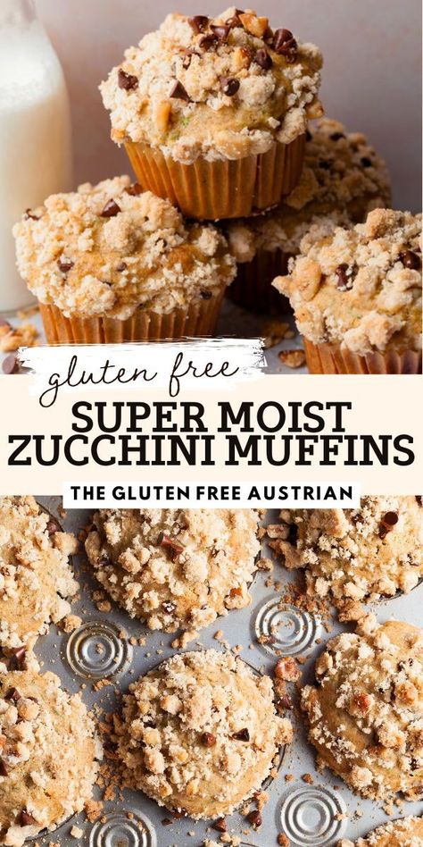 It's Zucchini Season, which means Gluten Free Zucchini Muffins on repeat! These treats are loaded with shredded zucchini and chocolate chips, topped with a crunchy walnut streusel. With hints of vanilla, cinnamon, and nutmeg, they're perfect for any occasion. Get ready to savor the goodness of zucchini and enjoy a delightful blend of flavors and textures in every bite! Gluten Free Zucchini Muffins Recipes, Gluten Free Zuchini Baking Recipes, Gluten Free Vanilla Muffins, Gf Zucchini Muffins, Gluten Free Zucchini Recipes, Gluten Free Zucchini Muffins, Gf Muffins, Packed Food, Gf Cooking