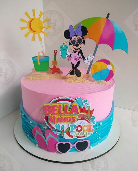 Minnie Pool Party Cake, Minnie Mouse Pool Party Decorations, Minnie Summer Birthday, Minnie Mouse Pool Party Cake, Minnie Mouse Pool Party Ideas, Minnie Mouse Swim Party, Minnie Mouse Pool Party, Minnie Mouse Luau, Tropical Birthday Cake