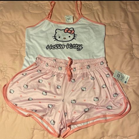 Hello Kitty Pink And White Shorts And Tee Pajama Set Nwt Size Medium Smoke And Pet Free Home Shipped With Care Hello Kitty Womens Clothes, Bimbocore Pajamas, Bra Sets For Women, Cute Pjs Shorts, Trashy Y2k Pajamas, Cute Stuff For Christmas List, Cinnamoroll Pjs, Cat Pjs, Y2k Pajamas