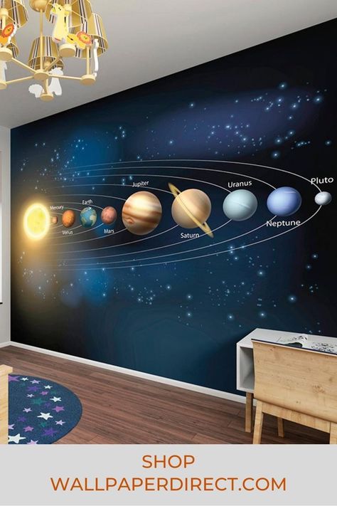 Engaging yet educational this mural features a sizeable display of detailed planets and a glowing sun. Order now from our website. Kids Bedroom Wallpaper, Garden Wall Art, Wallpaper Bedroom, Wall Art Pictures, Fabric Online, Garden Wall, Free Samples, Picture Wall, Wall Mural