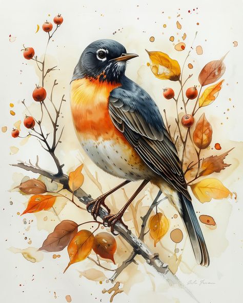 American Robin #birdart #birds #robin #digitalart #birdwatching Robin Watercolour Painting, Birds Robin, Watercolor Birds, American Robin, Autumn Illustration, Wildlife Prints, Bird Watchers, Robin Bird, Bad Influence