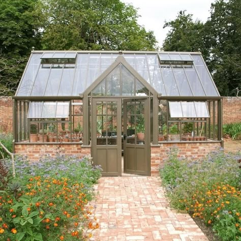 Greenhouse Copper Roof, Greenhouse With Potting Shed, New England Greenhouse, Green House In Garden, Large Greenhouse Ideas, Hartley Botanic Greenhouse, Cute Green House, Green House Interior Ideas, Brick Greenhouse