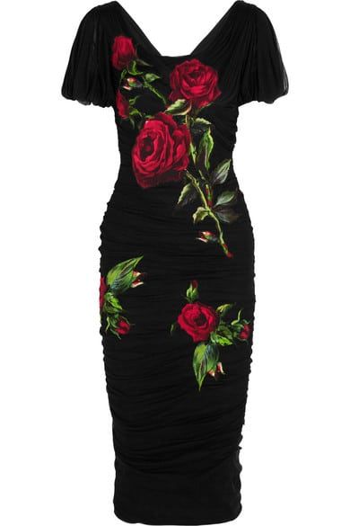 Dolce & Gabanna Floral-appliquéd silk-blend tulle dress £2,700 Form Fitting Black Dress, Floral Applique Dress, Embroidered Tulle Dress, Black Ruched Dress, Gabbana Dress, Embroidered Rose, Rose Print Dress, Prom Dresses Gowns, Floral Cocktail Dress