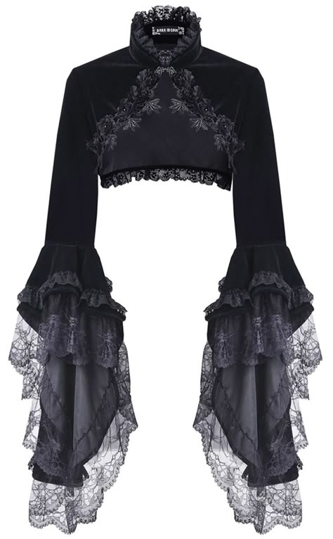 Dark In Love Black Velvet Bell Sleeve Bolero  Beautiful trad goth inspired bolero from Dark In Love. This gorgeous black velvet bolero is covered in detailing including a black lace trim, faux black rose... Velvet Bolero, Mode Steampunk, Dark In Love, Gothic Clothes, Gothic Outfits, Goth Outfits, Dark Fashion, Gothic Lolita, Goth Fashion