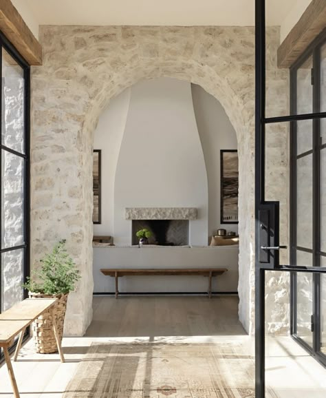 French Cottage Interior Design, Provence Interior Design, Limestone Interior, Modern Mediterranean Interior Design, Spanish Home, Modern Mediterranean, Stone Walls, Ranch Home, Spanish Style