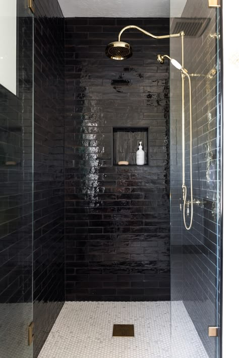 We Love History | We Three Design Dark Tile Master Shower Ideas, Black Tile In Shower Wall, Showers With Black Tile, Black Tile Master Shower Ideas, Black Showers Walk In, Dark Grey And Black Bathroom, Dark Masculine Bathroom, Black Master Bathrooms Luxury, Black Tile Walk In Shower Ideas