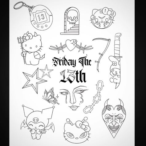 @lanadelreytattoos_ • Instagram photos and videos Goth Tattoo Flash Sheet, Christmas Friday, Friday The 13th Flash, Small Nature Tattoo, Chest Tattoo Stencils, Body Image Art, Goth Tattoo, Flash Sheet, Tattoo Flash Sheet