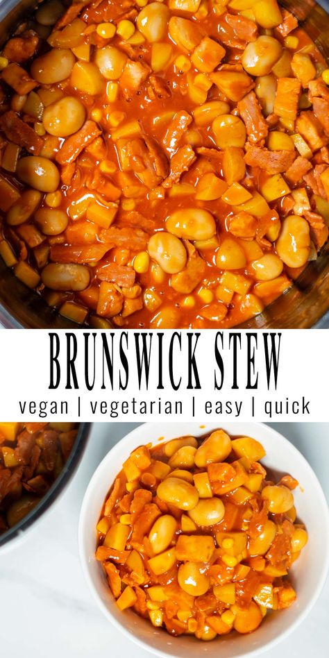 Brunswick Stew is hearty, complex, and delicious. Made with potatoes, beans, vegan chicken and lots of flavors in and out from barbecue sauce and crushed red pepper. It is a great, budget friendly and filling recipe that the whole family will make on repeat. #vegan #dairyfree #dinner #lunch #mealprep #brunswickstew #contentednesscooking Vegan Brunswick Stew Recipe, Vegan Brunswick Stew, Vegetarian Brunswick Stew, Brunswick Stew Recipe, Brunswick Stew, Vegan Casserole, Vegan Christmas Recipes, Vegan Chicken, Shrimp Recipes For Dinner