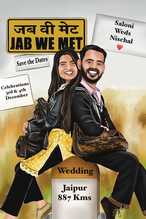 Tanu Weds Manu Poster, Engagement Caricature Invitation, Jab We Met Illustration, Met Wedding, Groom Cartoon, Jab We Met, Birthday Banner Background Hd, Bride And Groom Cartoon, Digital Wedding Invitations Design