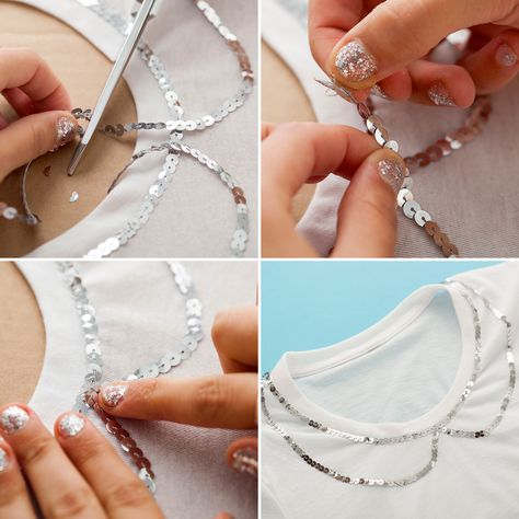 Not a t-shirt girl, but might wear this: How to Bling Out a Basic Tee �— No Sewing Machine Required! via Brit + Co. Umgestaltete Shirts, Sewing Shirts, Trendy Diy, Polka Dots Fashion, Trendy Sewing, Chunky Statement Necklace, Plain White Tee, Beading Tools, Fabric Scissors