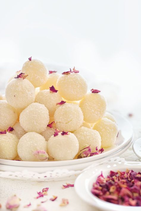 Coconut Ladoo - Nariyal Ladoo • Spoon Fork And Food Ayurvedic Sweets, Coconut Ladoo Recipe, Coconut Ladoo, Edible Gum, Dried Raisins, Ghee Butter, Sweet House, Dry Coconut, Indian Dessert Recipes