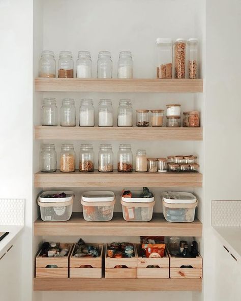 Pantry Pull Out Shelves, Open Shelf Pantry, Open Pantry Shelves, Organize A Small Pantry, Open Pantry, White Laundry Rooms, Pantry Containers, Timber Shelves, Organized Pantry