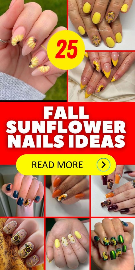 Create stunning fall sunflower nails with a mix of cute and elegant designs. Acrylic short nails can feature sunflower art in colors like red and yellow, while almond-shaped nails look chic with navy blue and sunflower patterns. These design ideas are perfect for autumn, fitting seamlessly into current fall trends. Whether you prefer simple or more detailed art, these nails are sure to impress at an affordable price. Fall Sunflower Nail Art, Nails With Navy Blue, Fall Sunflower Nails, Acrylic Short Nails, Sunflower Nail, Sunflower Nail Art, Sunflower Nails, September Nails, Short Gel Nails