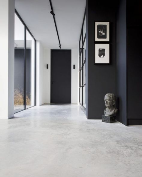 White Concrete Floors, Concrete Floors Living Room, Concrete Floors In House, Concrete Interiors, Concrete Stained Floors, Living Area Design, Black And White Interior, Casa Container, Cement Floor