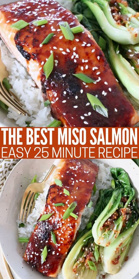 Make the best Miso Salmon at home with this easy recipe that's made in just 25 minutes! The sweet and salty miso glaze caramelizes over the salmon in the oven for melt-in-your-mouth goodness. It's delicious, healthy, and I guarantee, this will become your new favorite salmon recipe! Miso Glazed Salmon Recipe, Miso Salmon Recipe, Asian Salmon Recipes, Salmon In The Oven, Salmon Recipes Oven, Salmon Food, Gluten Free Salmon, Miso Recipe, Miso Glazed Salmon