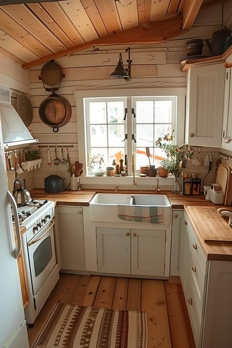 Add a unique touch to your tiny kitchen with creative mid-century modern ideas that emphasize both design and comfort. 🌟🏡 Tiny Home Set Up, Cabin Kitchen White Cabinets, Tiny Home Modern Farmhouse, Rustic Farmhouse Tiny House, Log Cabin White Kitchen, Tiny Cottage Interior Kitchen, Tiny Farmhouse Decor, Small Cottage House Interior, Cottage Cozy Kitchen