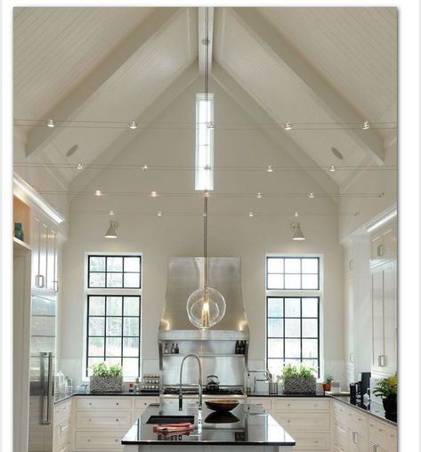 Cathedral Ceiling Lighting, Vaulted Ceiling Lighting, Vaulted Ceiling Kitchen, Exposed Ceiling, Small Nursery Ideas, Pitched Ceiling, Exposed Ceilings, Ceiling Kitchen, Types Of Ceilings