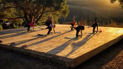 Outdoor Yoga class taking place on platform overlooking Robinson Canyon,. Pallet Yoga Platform, Yoga Shala Outdoor, Outdoor Wellness Area, Yoga Deck Outdoor, Outdoor Yoga Platform, Outdoor Yoga Space, Outdoor Yoga Studio, Yoga Deck, Yoga Platform