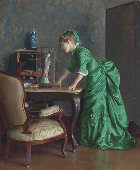 The Green Dress, by William McGregor Paxton, was painted in 1914 but is a reduction of his earlier painting, 1875. The dress was specially made at Paxton's request. Edward Robert Hughes, James Abbott Mcneill Whistler, Dante Gabriel Rossetti, Richard Diebenkorn, Albert Bierstadt, John Tenniel, Victorian Paintings, Robert Motherwell, John William Waterhouse