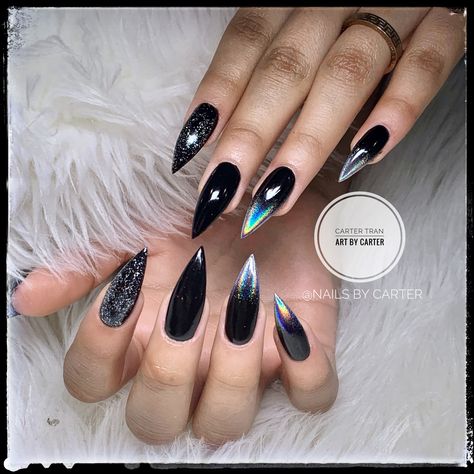 Holographic Ombré Black Ocean 055dnd ft Stiletto Nails Look 👀   Text for an Appointment:  8109869981 Instagram: carterfnails  FB: carterfnails Pinterest: carterfnails #nailsbycarter #nailsofinstagram #gelnails #nailsart #nailsaddict #stilletonails #coffinnailshape #squarenailshape #longnailsdontcare #shortnailsdontcare #chromenails #swarovskinailart #colorpowder #promnails #pixelnails #customnails #brightonhighschool #hartlandhighschool #dippowdernails Black Holographic French Tip Nails, Black Chrome Nails With Glitter, Matte Holographic Nails, Holo Black Nails, Black Chrome And Glitter Nails, Black Metallic Ombre Nails, Black Glitter Nails Stilleto, Black Holographic Nail Designs, Black Nails With Holographic Glitter