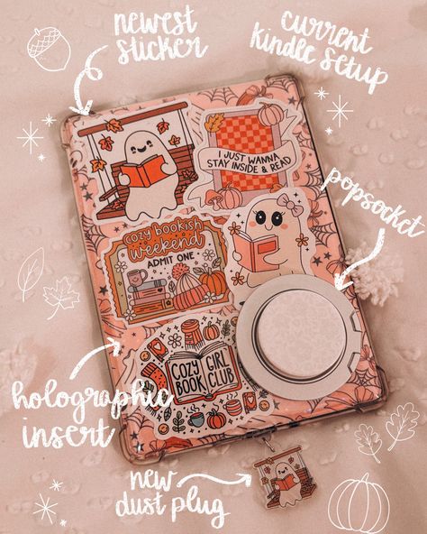 my current kindle set up 🍂🎃🍁👻💕 all of my stickers, holographic insert & dust plug are from @mtaylorcreative !!! 💭QOTD: do you like decorating your kindle for the seasons??? ✨ Kindle Stickers Case, Kindle Decoration, Kindle Girlie, Kindle Aesthetic, Ereader Case, Book Essentials, Kindle Stickers, Digital Reading, Kindle Case