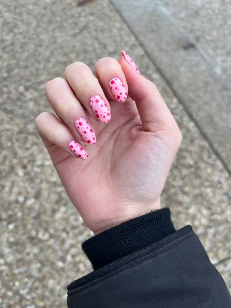 Fun pink and red polkadot nails! Pink Nails Dots, Pink Polka Dot Nails, Red Polka Dot Nails, Pink Polka Dot Nails Acrylic, Pink Nails Red Dot, Light Pink Polka Dot Nails, Pink With Black Polka Dot Nails, Nails Inspiration Summer, Vday Nails