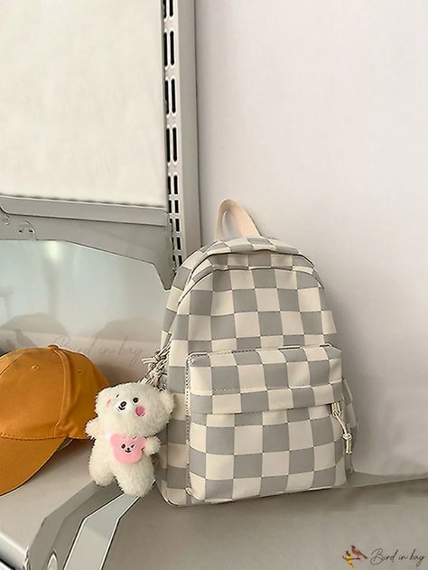 Bird in Bag - Plaid Shoulder Bag with Accessory Set for Women Preppy College, Embroidered Backpack, Charm School, Patterned Backpack, College School, Cute Backpacks, Classic Backpack, Large Backpack, Cute Bags