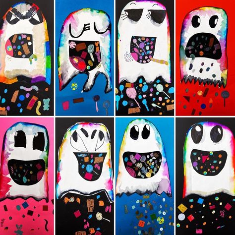 Candy eating rainbow Ghosts! 2nd graders had a blast!! After drawing and painting ghosts last class, We used everything we could find to… | Instagram Halloween Candy Art, Eating Rainbow, Painting Ghosts, Kindergarden Art, Halloween Art Lessons, Halloween Art Projects, Fall Lessons, Halloween Kunst, 2nd Grade Art