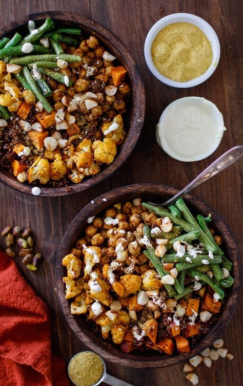 Roasted Vegetable Quinoa, Sweet Potato Cauliflower, Healthy Vegetarian Meal Plan, Cauliflower Chickpea, Veggie Quinoa, Potato Chickpea, Bean Quinoa, Veggie Bowls, Cashew Cream Sauce