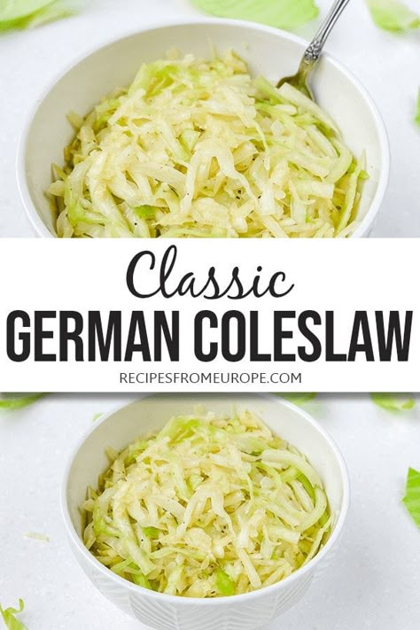 Looking for a German coleslaw recipe? Made from green cabbage, this classic Krautsalat is simple and light yet loaded with delicious flavors! #coleslawrecipes #germanrecipes German Coleslaw Recipe, German Coleslaw, German Salads, German Food Authentic, Cabbage Salad Recipes, Austrian Recipes, Diet Meals, Slaw Recipes, Cabbage Slaw