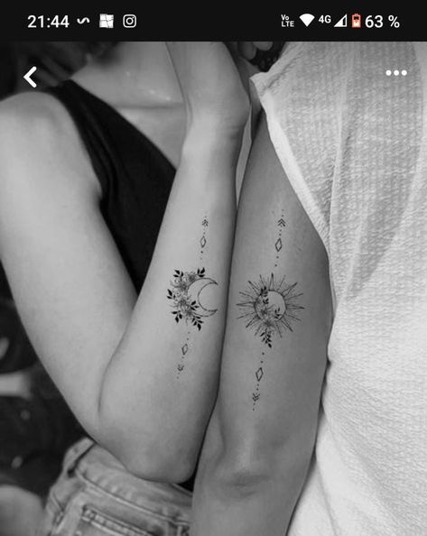 Cool Tattoos For Best Friends, A Couple Of Tattoos, Sun And Moon Forearm Tattoo Women, Moon With Sun Tattoo, Sun Moon Rose Tattoo, Sun To Moon Tattoo, Sun And Moon Tattoo For Couples, Sun And Tattoo Moon, Sun Arm Tattoos For Women