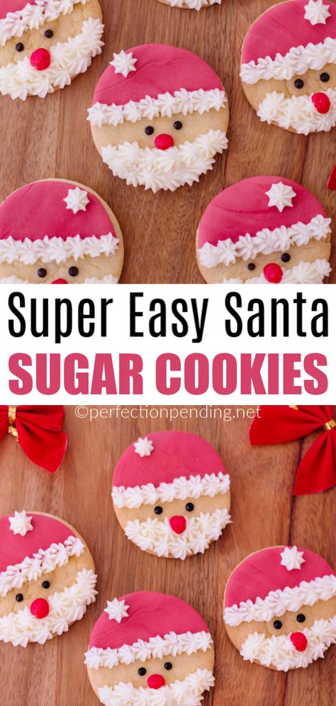 These santa sugar cookies are so easy to make and are the perfect Christmas cookie to give out to neighbors and friends, or to just make for fun at home. #christmascookie #christmascookies #santacookies #santasugarcookies #sugarcookierecipe #cookierecipe Christmas Cookies Kids Decorating, Easy Santa Cookies, Santa Sugar Cookies, Santa Cookies Decorated, Easy Christmas Cookies Decorating, Santa Cookies, Christmas Sweets, Cookies For Kids, Xmas Cookies