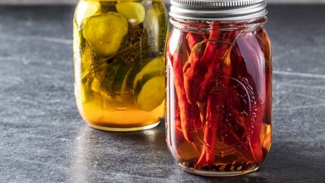 How to Make Homemade Hot Pepper Vinegar | America's Test Kitchen Hot Pepper Vinegar, Pepper Vinegar, Vinegar Recipes, Jelly Gummies, Donut Toppings, Caramel Chocolate Bar, Cookie Toppings, Caramel Tart, America's Test Kitchen Recipes