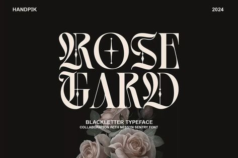 Elegant script, Rose Gard, masterfully crafted in the traditional blackletter style, is a cherished addition to the Handpik Type family of luxurious typography. Its intricate design and ornate flourishes evoke the romance and sophistication of a bygone era.#fontsalphabetcute #fontsalphabetcutefun #cutewritingfontsalphabet #cutesimplefontsalphabet #cutefontsalphabetaestheticeasysimple #cutewordfontsalphabet #cutehandwritingfontsalphabethanddrawn #cutefontshandwritingalphabetletters #cuteretrofontsalphabet Romantic Font Pairings, Black And Gold Graphic Design, Wobbly Font, Tattoo Branding Design, Interesting Typefaces, Nature Fonts, Luxury Typeface, Dark Fonts, Fairy Font