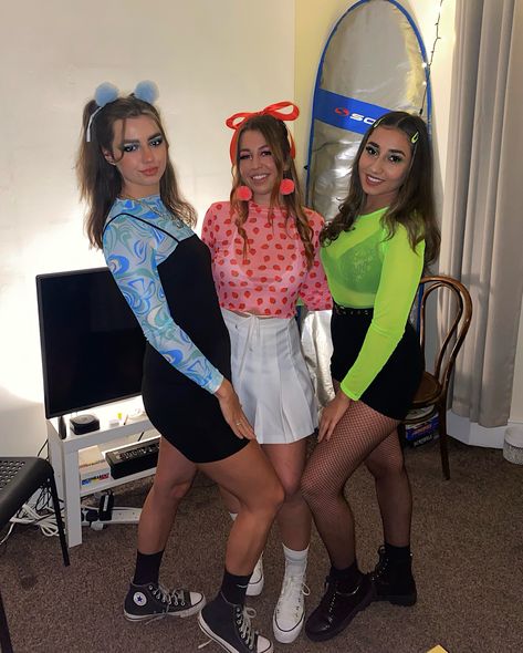 Butter Cup Costume Power Puff, Halloween Powerpuff Girls Costume, Powerpuff Girls Costume Adult, Blossom Outfit Powerpuff, Powerpuff Girls Costume Ideas, Bubbles Powerpuff Girls Costume, Buttercup Powerpuff Girls Costume, Powerpuff Girls Aesthetic Costume, Powerpuff Girls Costume Diy