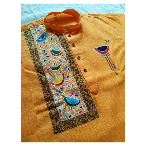 Hand painted yellow kurta for men Panjabi Design, Figure Sketches, Yellow Kurta, Fabric Paint Diy, Desi Outfits, Saree Painting, Kurta For Men, Fabric Painting On Clothes, Hand Painted Dress