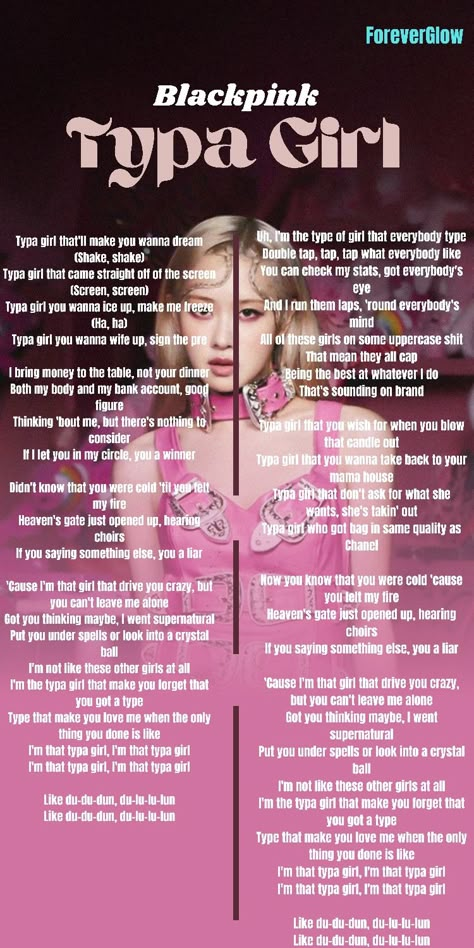 Typa Girl Lyrics, Blackpink Typa Girl, Money Lyrics, Pop Song Lyrics, Pink Lyrics, Pink Song Lyrics, Typa Girl, Nicky Larson, Korean Song Lyrics