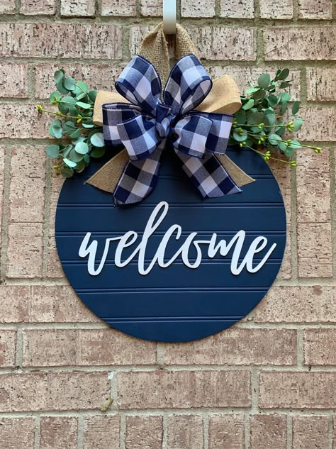 Navy Blue Welcome Shiplap Style Door Sign, Front Door Hanger, Welcome Farmhouse Door Hanger, Fall Decor, Buffalo Plaid Front Door Wreath by SignsBYDebbieHess on Etsy https://www.etsy.com/listing/720234287/navy-blue-welcome-shiplap-style-door Blue Shiplap, Farmhouse Door Hanger, Wall Entryway, Welcome Signs Front Door, Front Door Hanger, Door Hangers Diy, Farmhouse Door, Door Signs Diy, Farmhouse Doors