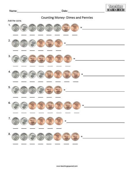 Counting Dimes Worksheet, Worksheet Counting, Counting Coins Worksheet, Counting Pennies, Counting Money Worksheets, Math Money, Character Worksheets, Math Fact Worksheets, Kinder Worksheets