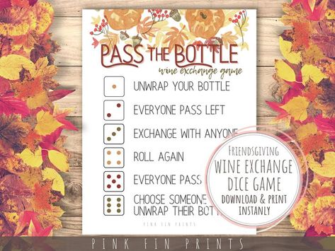 Play “Pass the Bottle” wine exchange game for a festive twist on Pass the Prize at this year's Friendsgiving party! Players take turns rolling a die to see where they will pass the bottle. Play until all the wine bottles are unwrapped! A great Thanksgiving game for groups of any size! Pass The Present Game, Friendsgiving Game, Wine Exchange, Friendsgiving Potluck, Friendsgiving Games, Game For Adults, Friendsgiving Party, Wine Party, Game Prizes