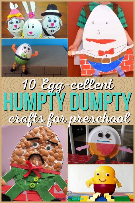 The iconic character from the classic nursery rhyme has inspired many literary works, illustrations, music, and film. Extend this timeless rhyme with these ten engaging and fun crafts that will surely delight the young. Nursery Rhymes Crafts, Humpty Dumpty Craft, Humpty Dumpty Activities, Nursery Rhyme Crafts, Egg Template, Edible Eyes, Classic Nursery Rhymes, Classic Nursery, Teaching Colors