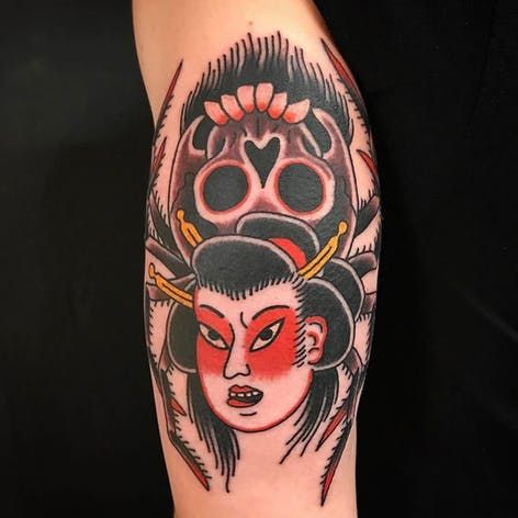 Pin Up Tattoo For Men, Japanese Spider Tattoo, Japanese Insect Tattoo, Jorogumo Tattoo, Traditional Spider Lady Tattoo, Jorogumo Tattoo Traditional, Jorogumo Yokai, Samurai Frog Tattoo Design, Japanese Frog Tattoo Traditional