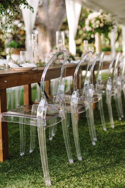 Classic & Curated is a Event Planning & Design service based in Texas. #ghostchairs #weddingreception #gardenwedding Ghost Chairs Wedding, Ghost Chairs Dining, Ghost Chair Wedding, Wedding Reception Chairs, Chairs Wedding, Backyard Bridal Showers, Acrylic Chair, Wedding Organizer, Ghost Chairs