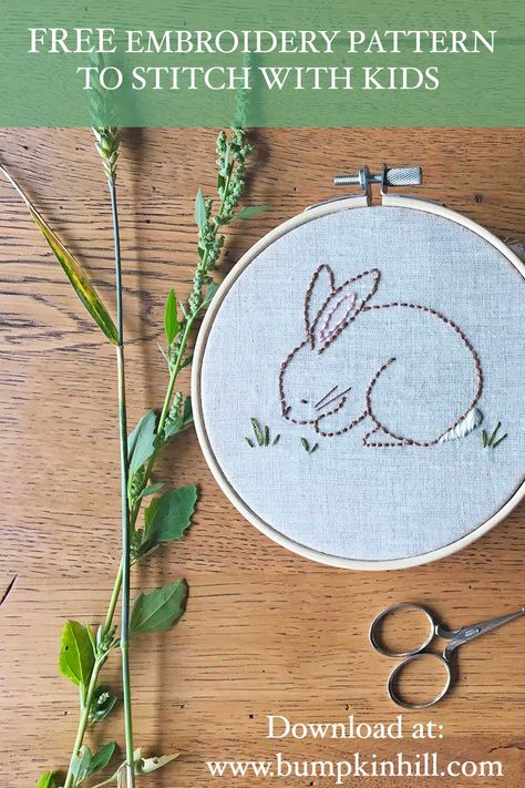 Download this FREE Hand Embroidery Rabbit Pattern - designed by Bumpkin Hill. Available at www.bumpkinhill.com Bunny Embroidery Designs, Easter Embroidery Patterns, Bunny Embroidery Patterns Free, Embroidery Bunny Pattern, Easter Embroidery Patterns Free, Spring Embroidery Ideas, Spring Embroidery Designs, Bunny Embroidery Patterns, Baby Embroidery Patterns