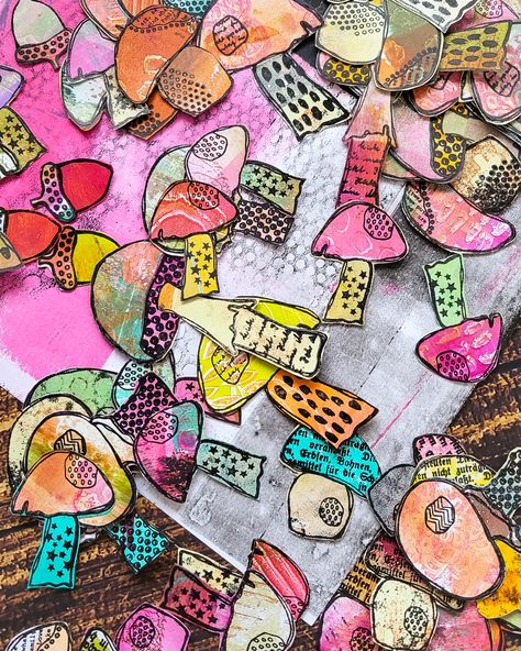 Susanne Rose Art, Fodder Art, Mushroom Collage, Whimsical Collage, Gelli Print Collage, Collage Mushroom, Collage Fodder, Mushroom Mixed Media Art, Gelli Print Collage Mixed Media